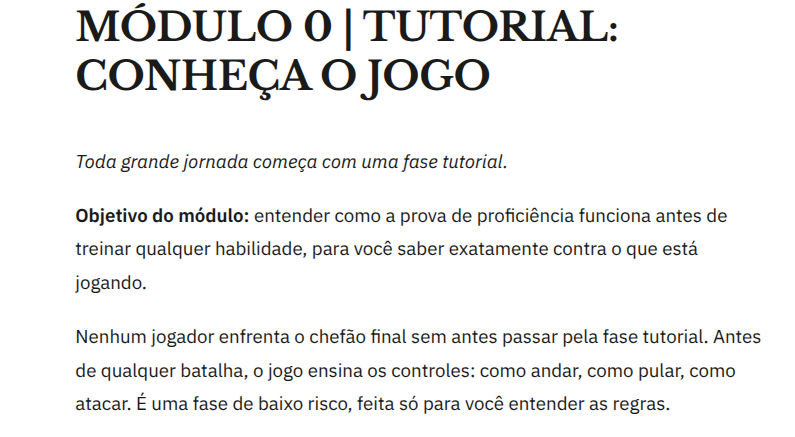 Página do e-book mostrando o Módulo 0, tutorial de introdução à prova de proficiência