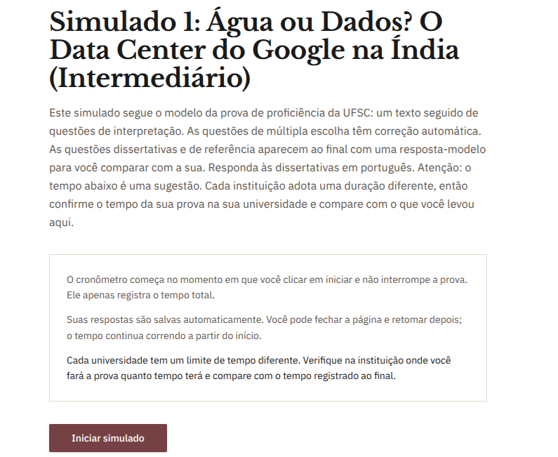 Tela de um simulado por nível com descrição da prova e instruções do cronômetro