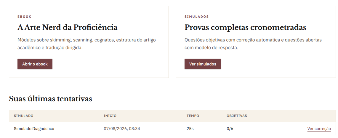 Painel do aluno com acesso ao e-book, aos simulados e à lista das últimas tentativas
