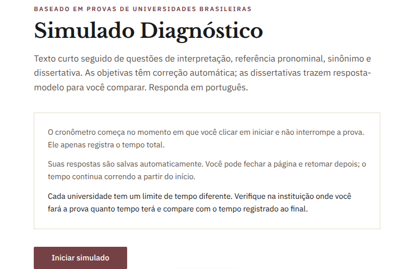 Tela de abertura do Simulado Diagnóstico com instruções e botão iniciar simulado